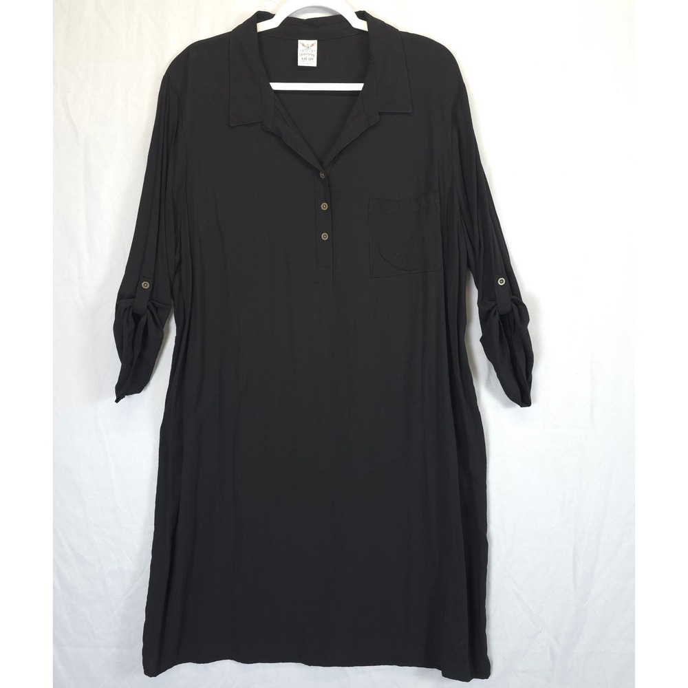 Faded Glory Black Shirt Dress Women XXL Button Roll Tab Sleeve Modest Workwear